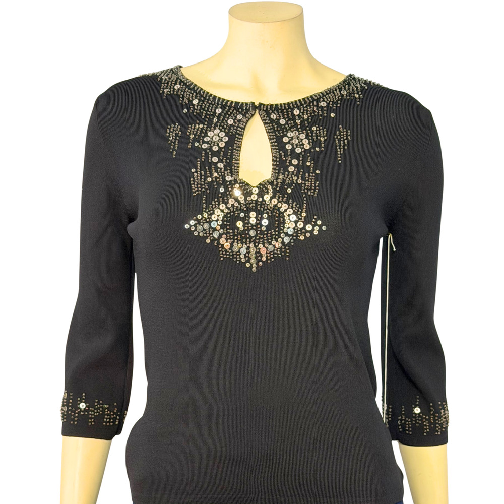 Joseph A Sz M Split V-Neck Sweater Sequin Neckline Sleek Nylon Knit Y2K New